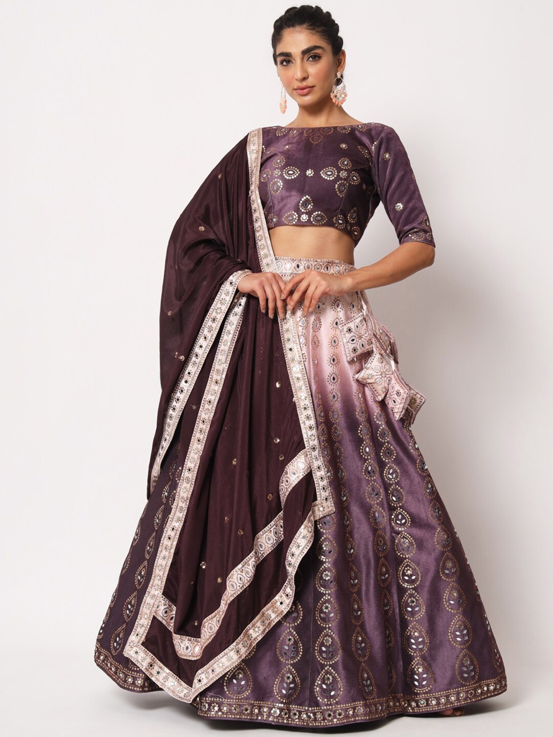 

SHUBHKALA Embellished Mirror Work Velvet Semi-Stitched Lehenga & Unstitched Blouse With, Purple