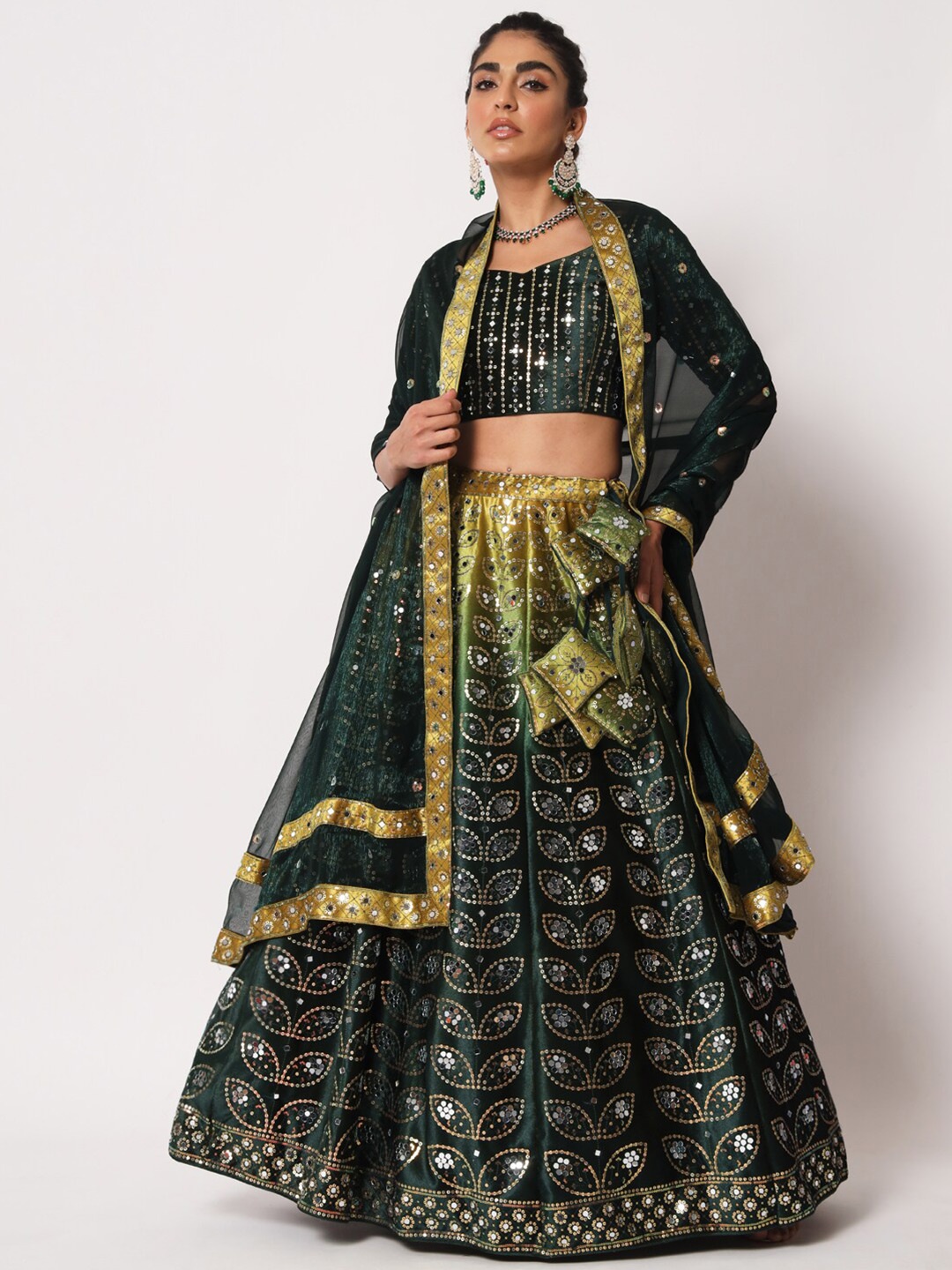 

SHUBHKALA Embellished Sequinned Semi-Stitched Lehenga & Unstitched Blouse With Dupatta, Green