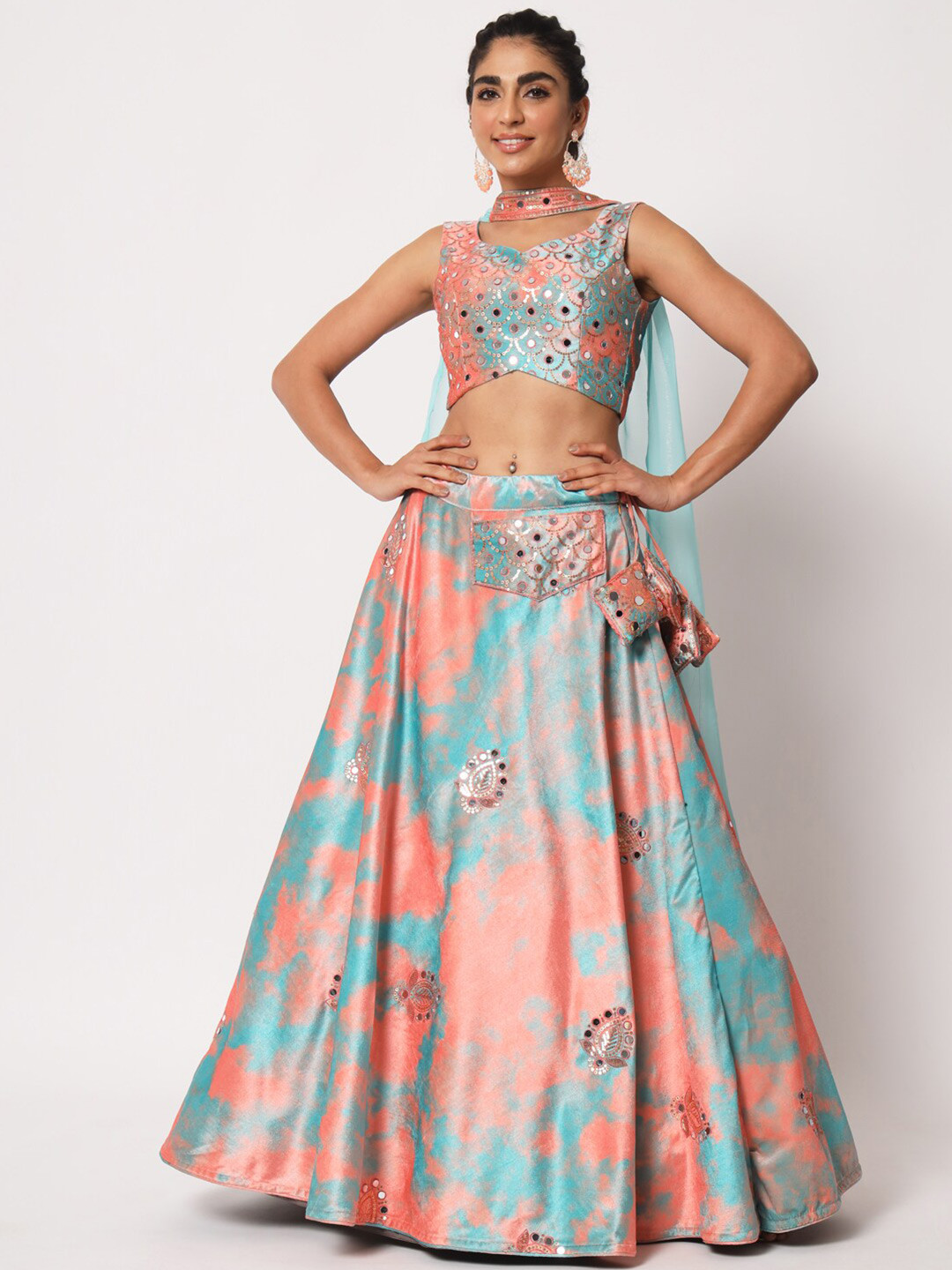 

SHUBHKALA Embellished Mirror Work Semi-Stitched Lehenga & Unstitched Blouse With Dupatta, Orange