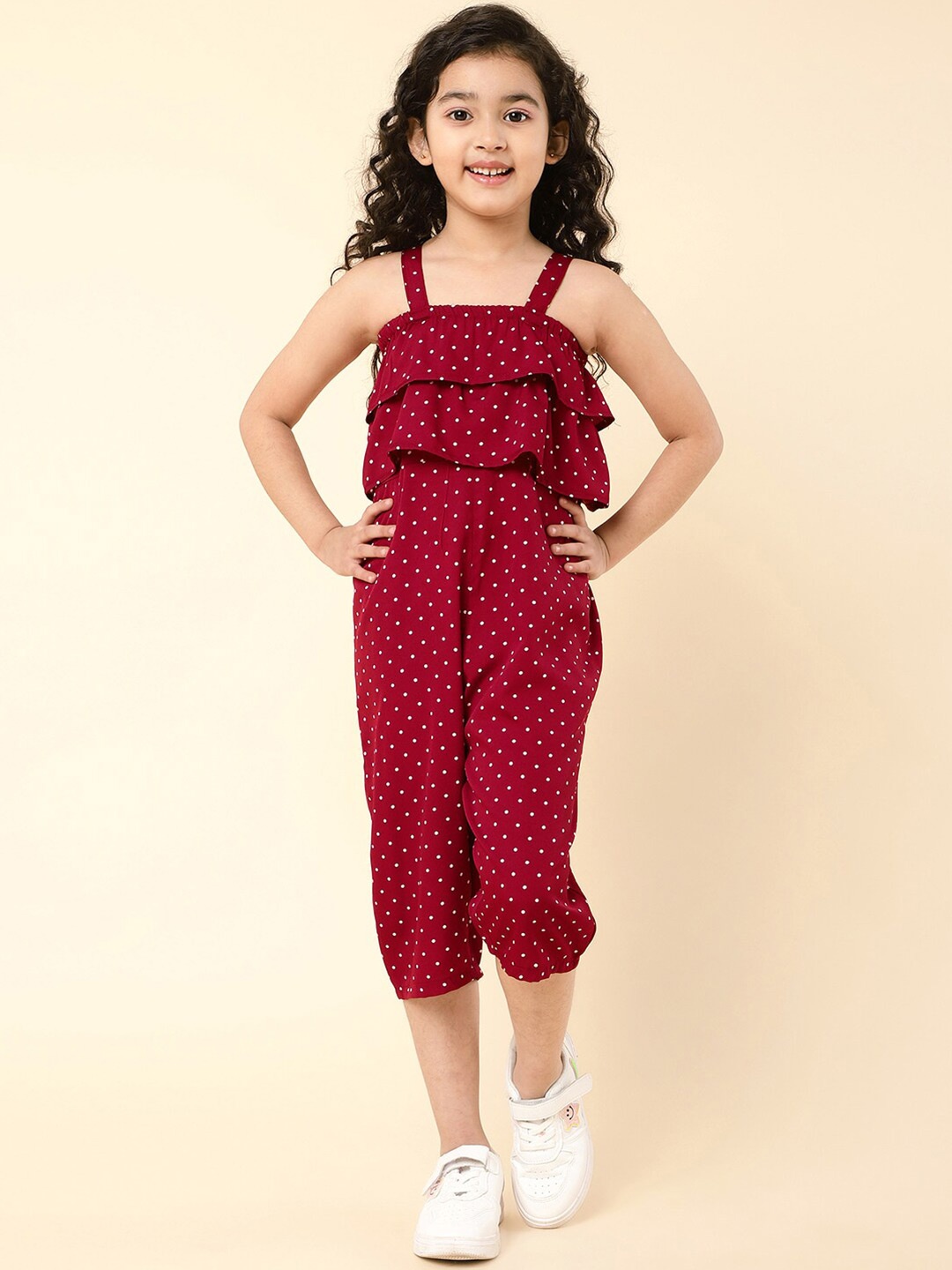 

A T U N Girls Printed Capri Jumpsuit With Ruffles, Maroon