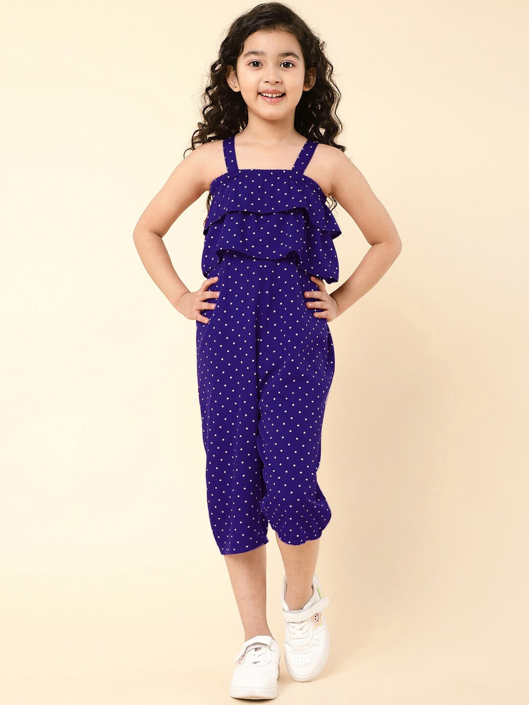 

A T U N Girls Printed Capri Jumpsuit With Ruffles, Navy blue
