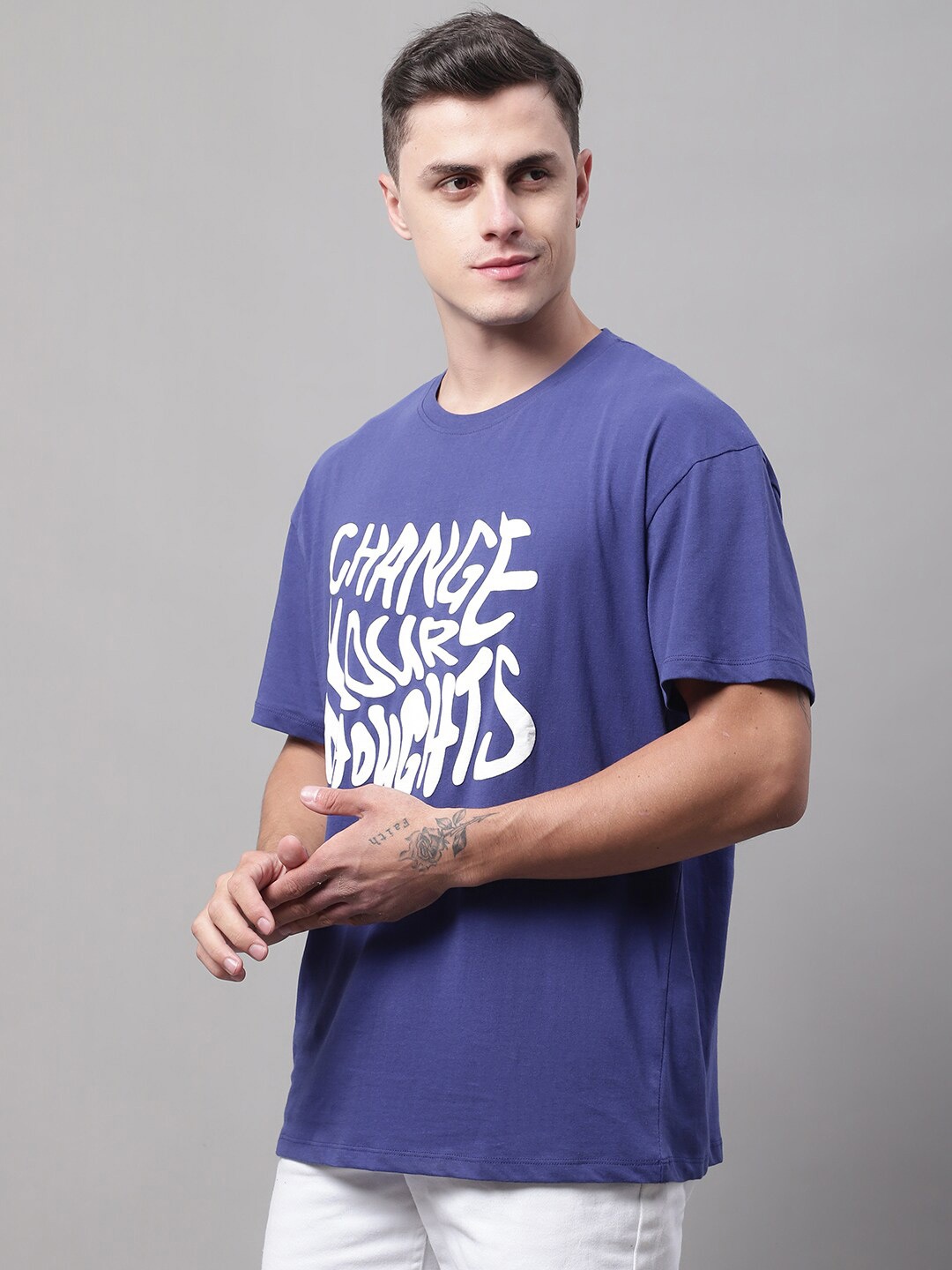 

DOOR74 Men Typography Printed Oversize Cotton T-shirt, Navy blue