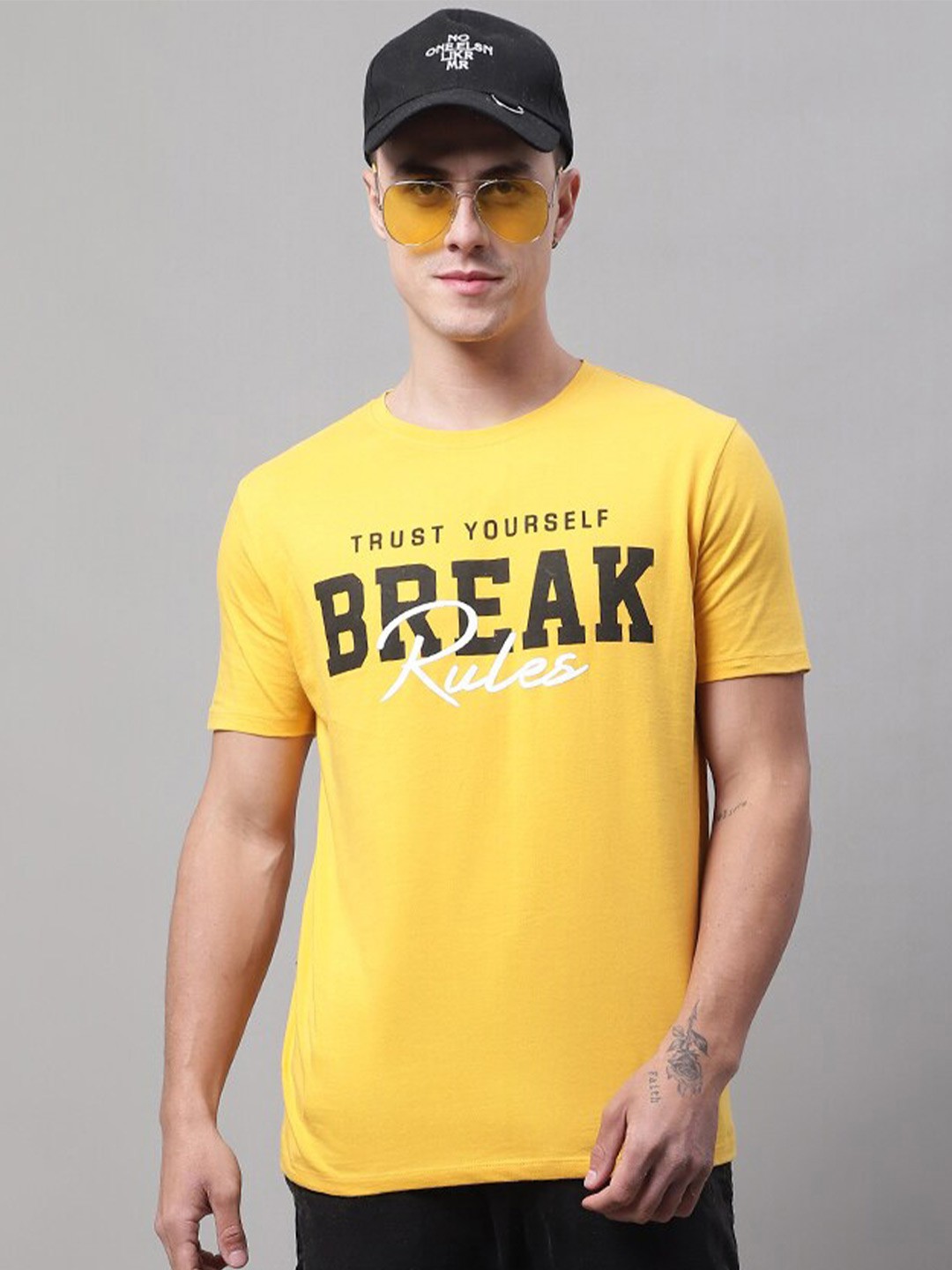 

DOOR74 Men Typography Printed Cotton T-shirt, Mustard
