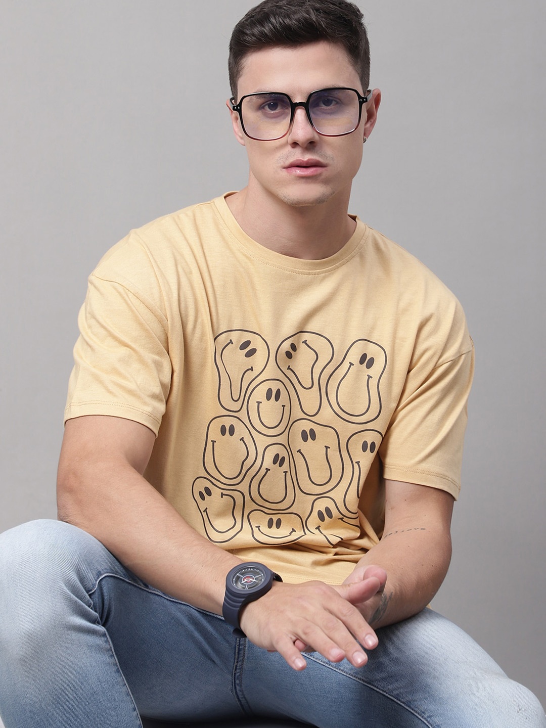 

DOOR74 Men Graphic Printed Oversize Cotton T-shirt, Beige