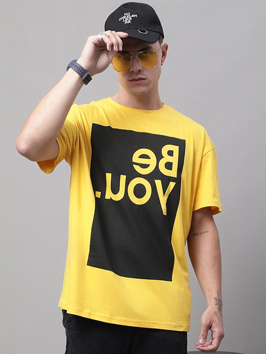 

DOOR74 Men Typography Printed Oversize Cotton T-shirt, Yellow