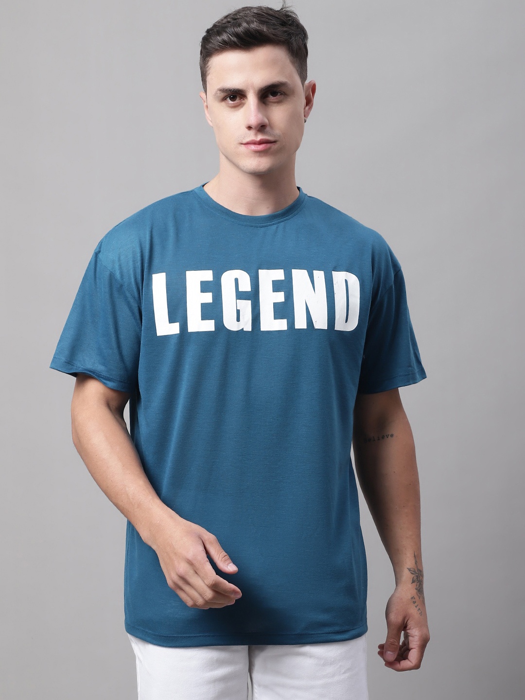 DOOR74 Men Typography Printed Oversize Fit Cotton T-shirt, Teal