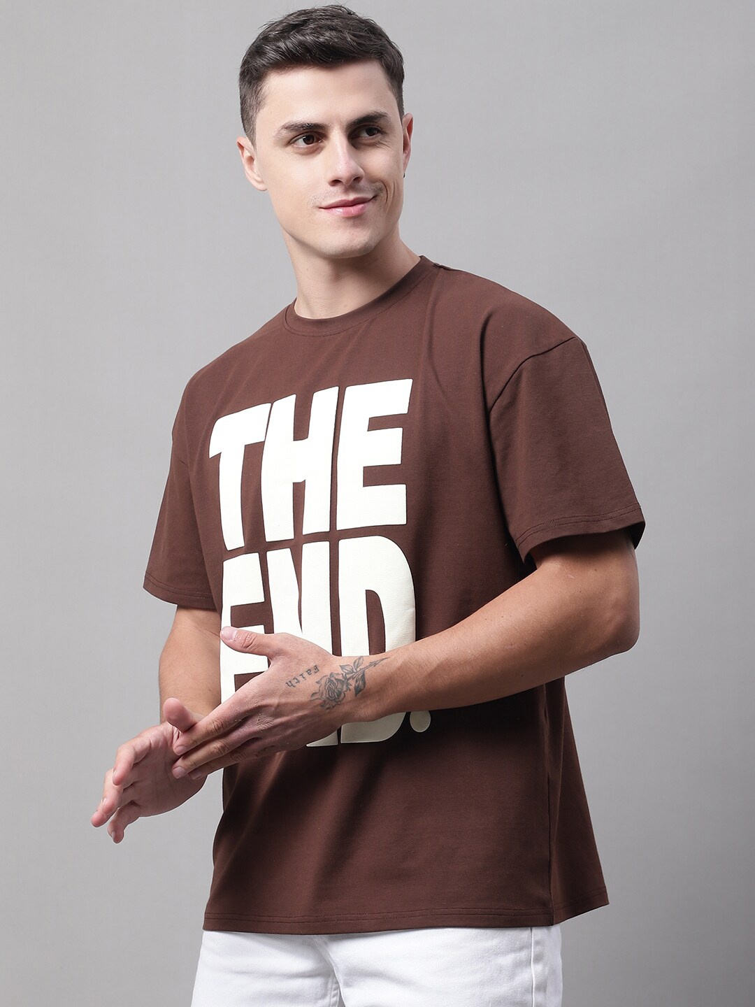 DOOR74 Men Brown Typography Oversize Cotton T-shirt