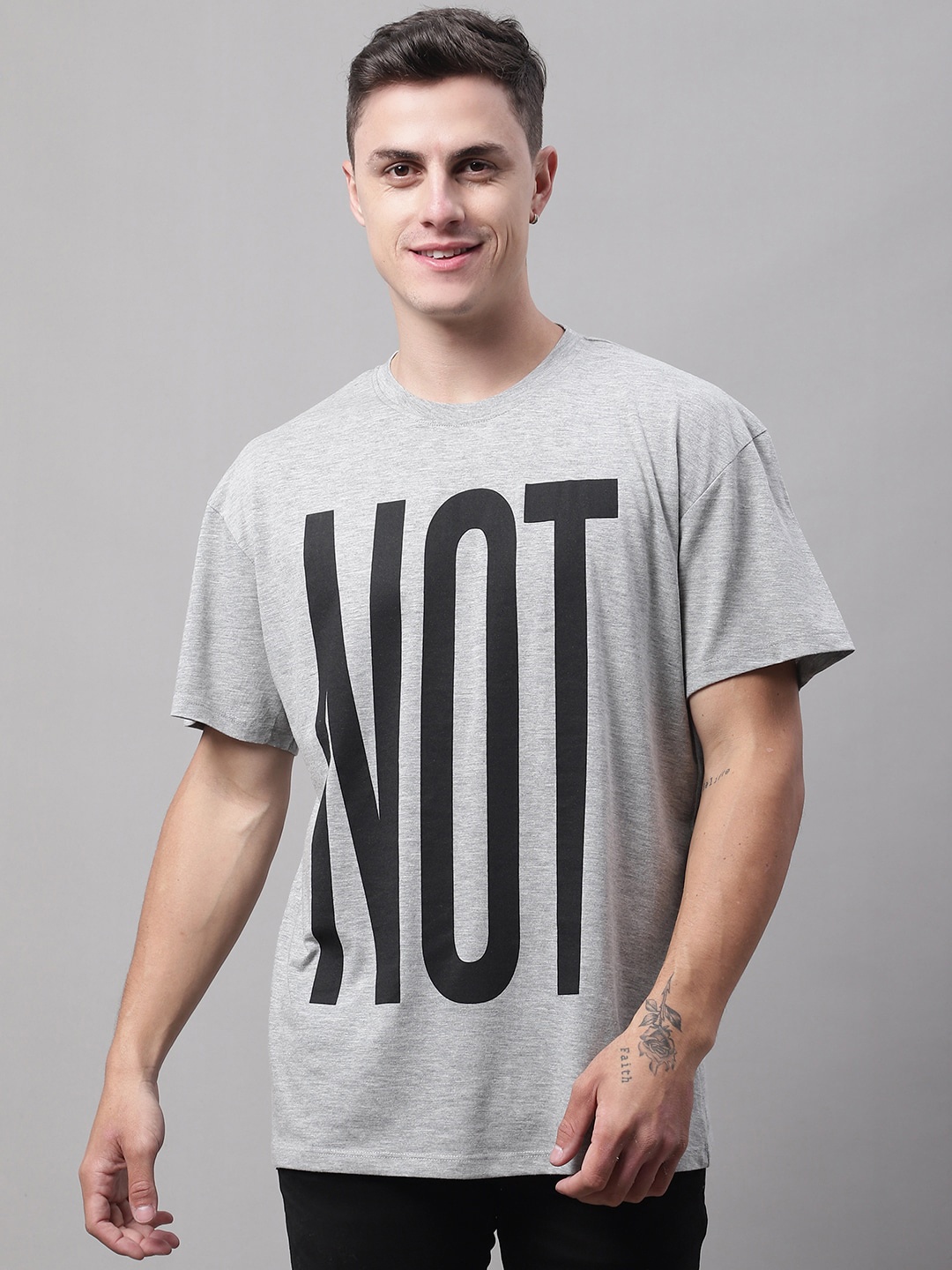 DOOR74 Men Typography Printed Oversize Cotton T-shirt, Grey melange