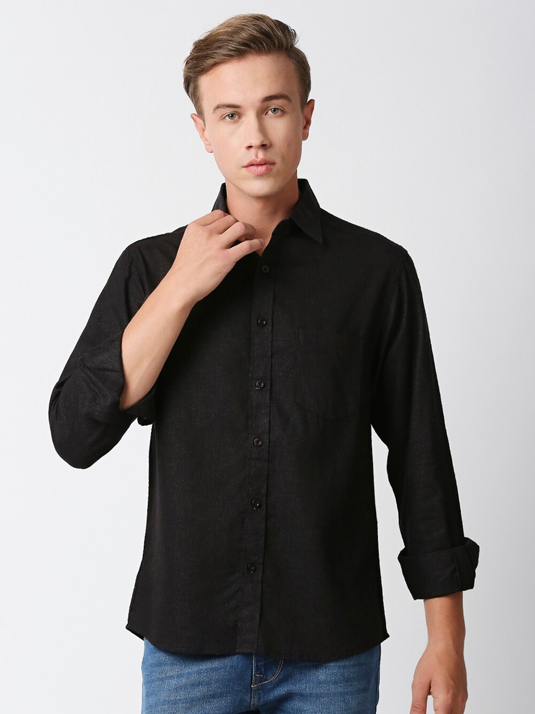 

MOD ECRU Men Casual Hemp Shirt, Black