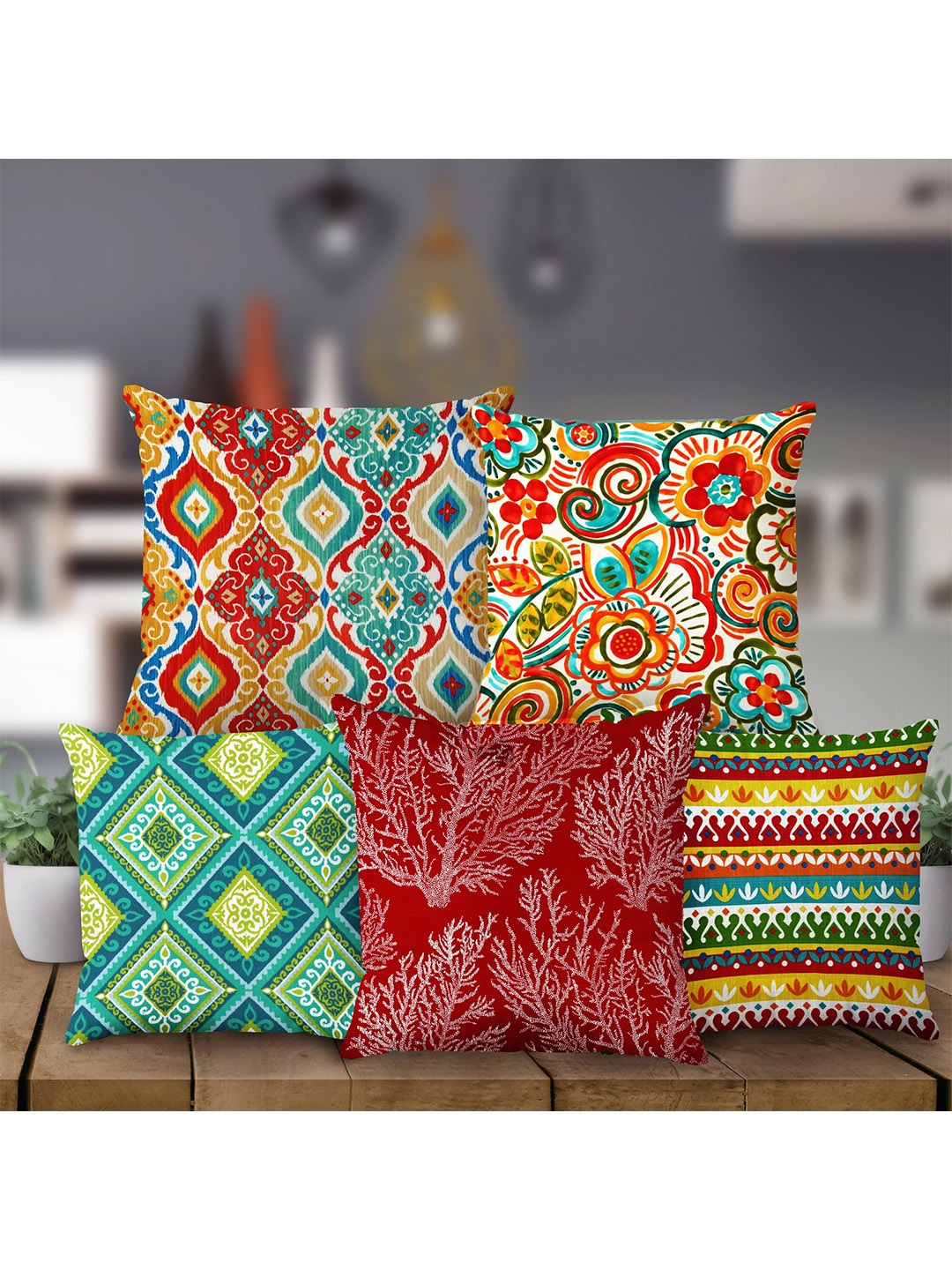 

Rubix Home Red & Green 5 Pieces Ethnic Motifs Square Cushion Covers