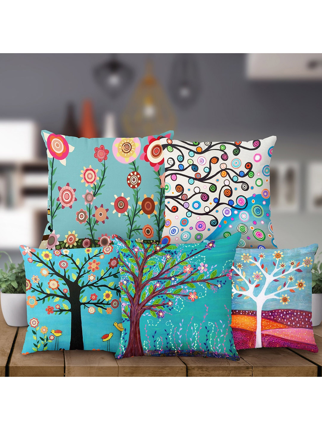 

Rubix Home Blue & White 5 Pieces Floral Square Cushion Covers