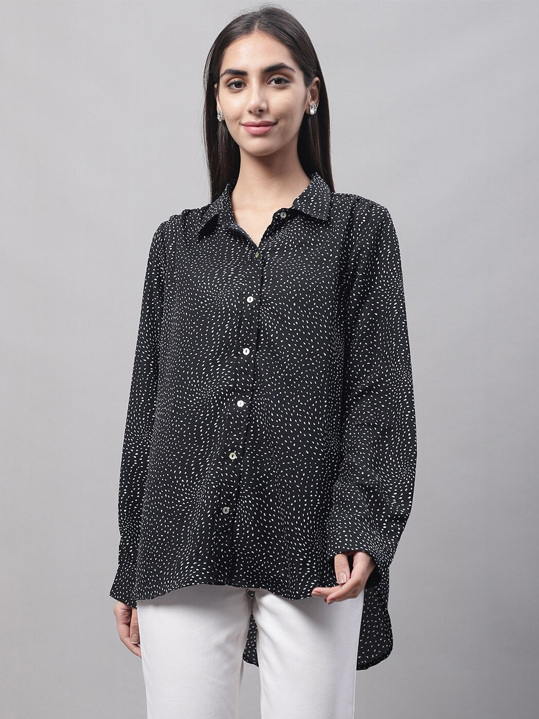 

NoBarr Women Micro Ditsy Printed Casual Shirt, Black