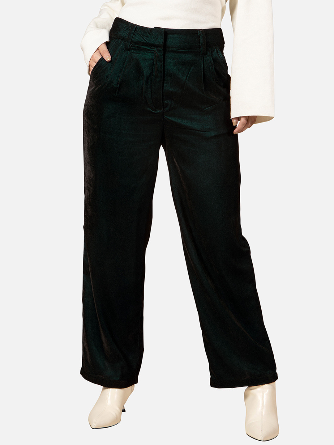 

NEOFAA Women Pleated Velvet Trousers, Green