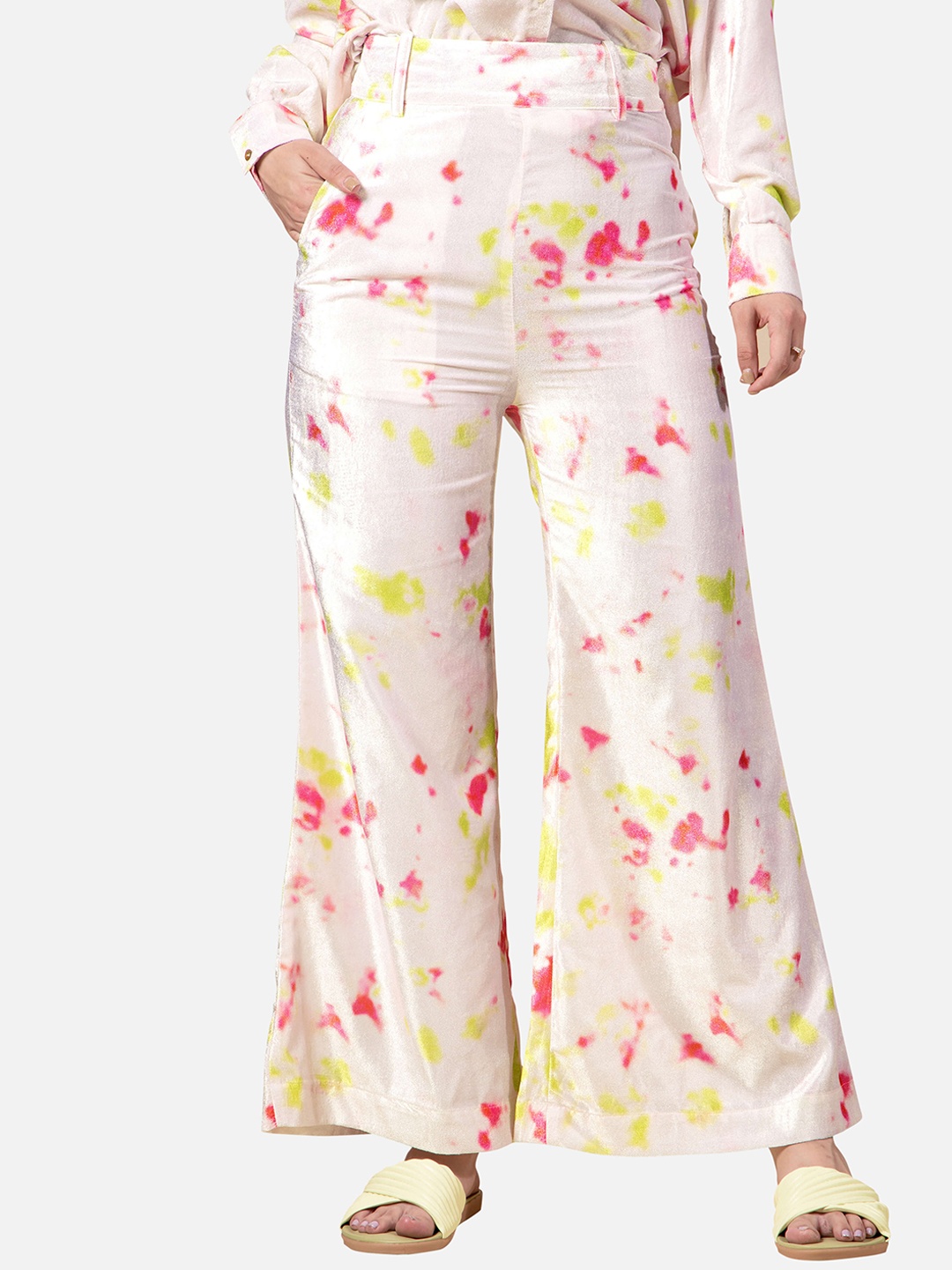 

NEOFAA Women Printed Velvet Flared Trousers, White