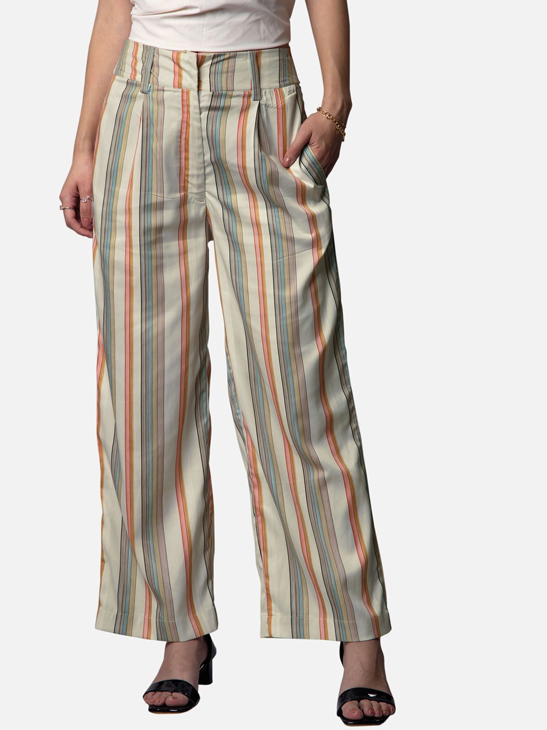 

NEOFAA Women Striped Regular Fit Parallel Trousers, Beige