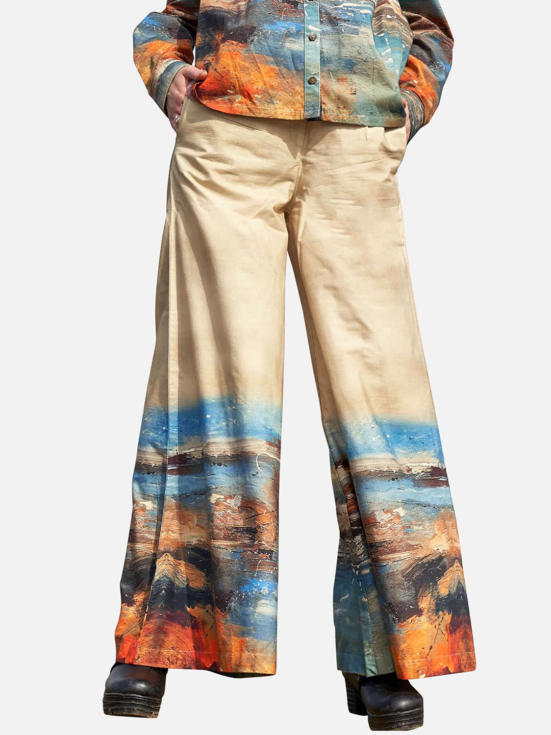 

NEOFAA Women Printed Cotton Cargos Trousers, Beige