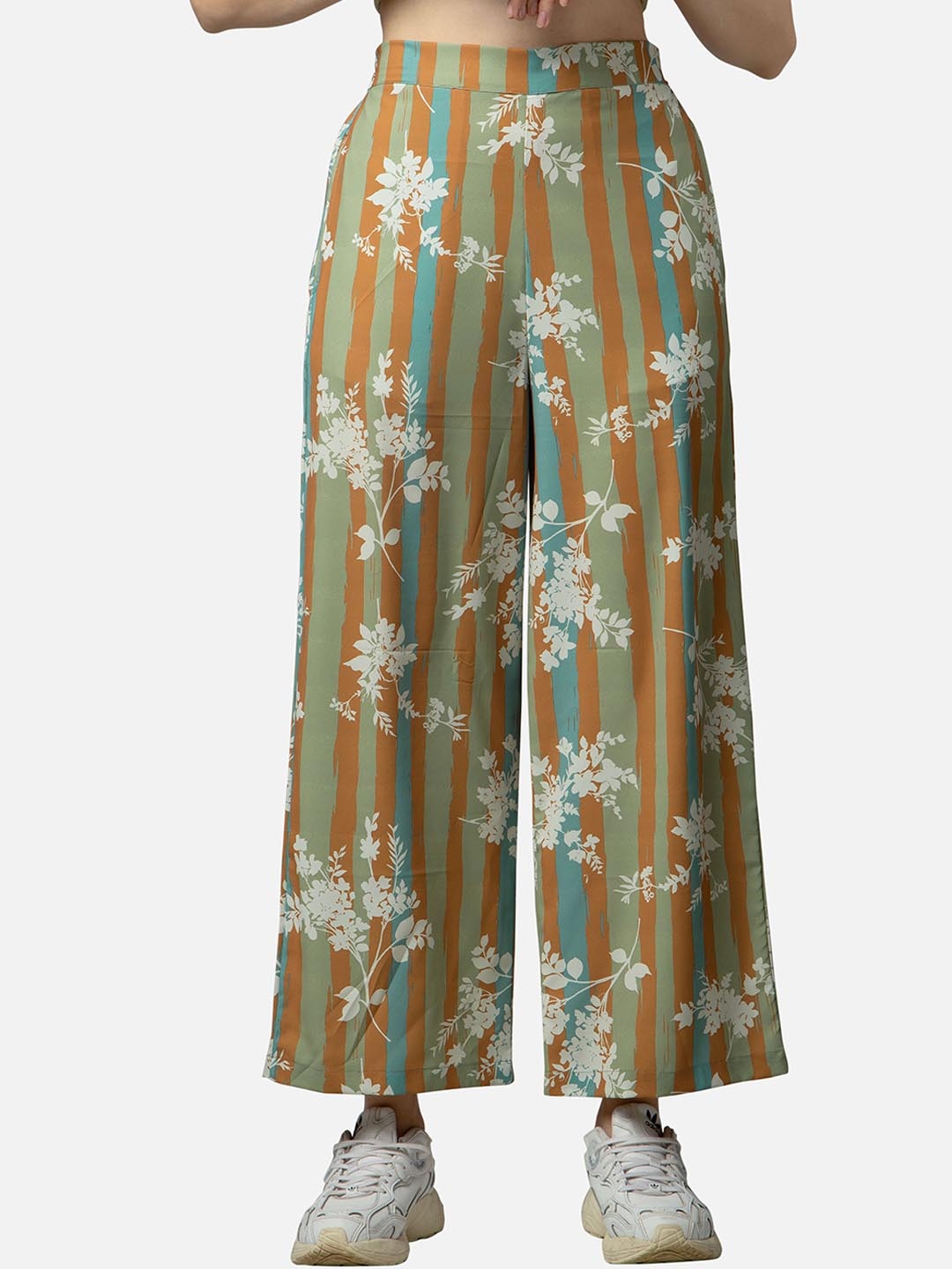 

NEOFAA Women Striped Mid Rise Crepe Flared Parallel Trousers, Orange