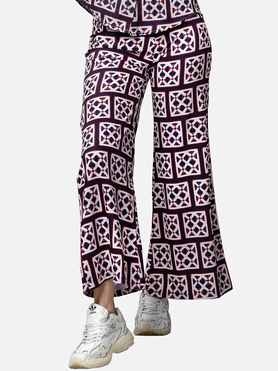 

NEOFAA Women Printed Flared Bootcut Trousers, Burgundy