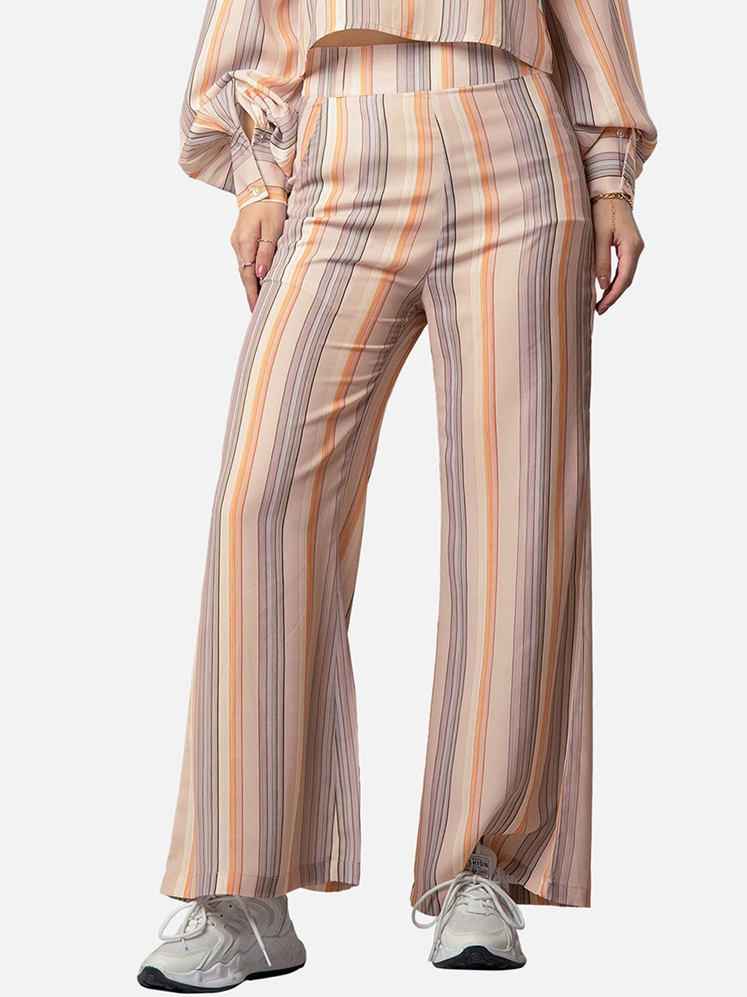 

NEOFAA Women Striped Flared Trousers, Pink