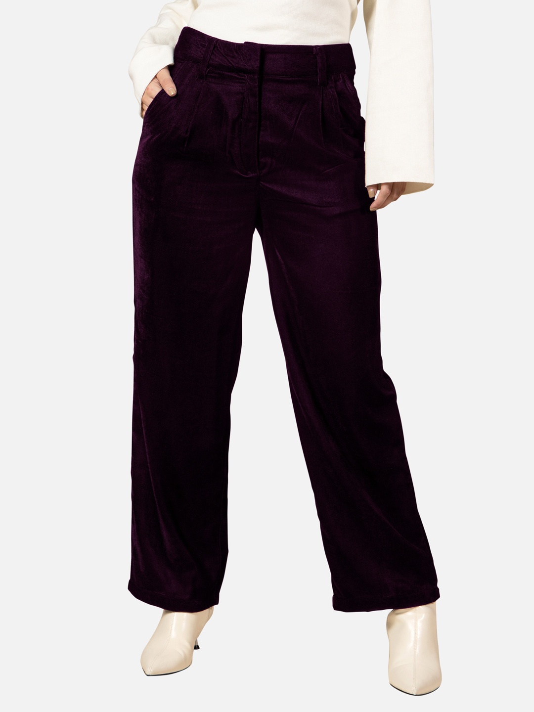 

NEOFAA Women Mid Rise Pleated Regular Trousers, Purple