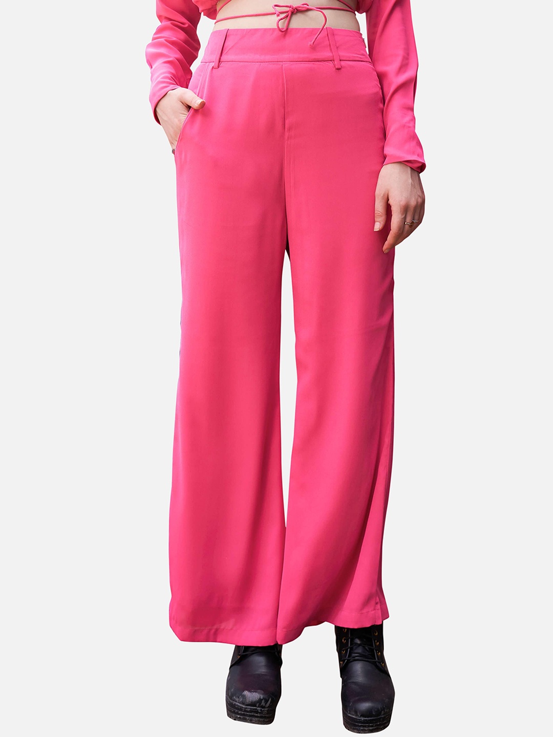 

NEOFAA Women Mid-Rise Flared Trouser, Pink