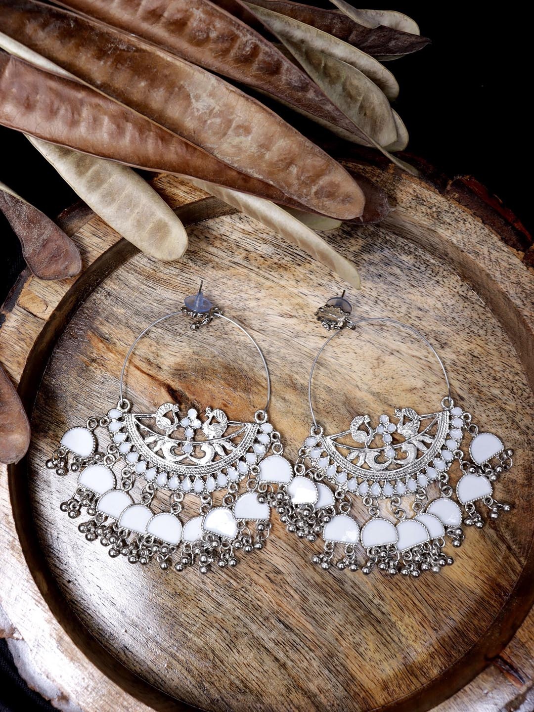 

Krelin Silver Plated Crescent Shaped Oxidised Chandbalis Earrings, White