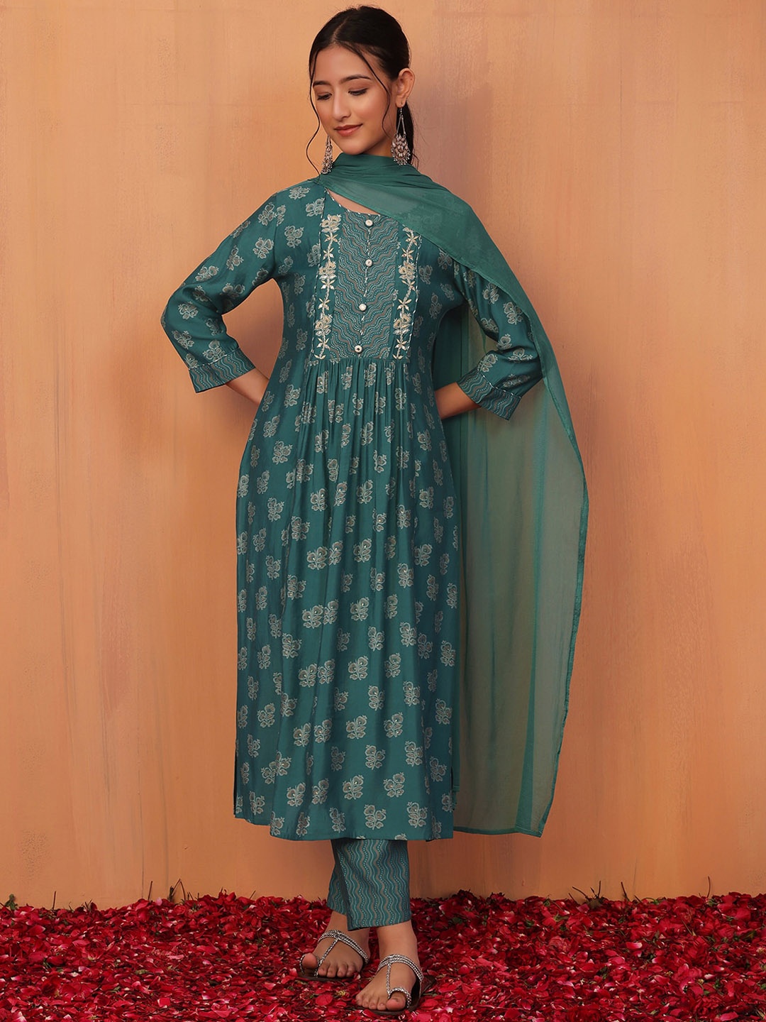 

INDYA Ethnic Motifs Printed Thread Work A-Line Kurta With Trouser & Dupatta, Teal