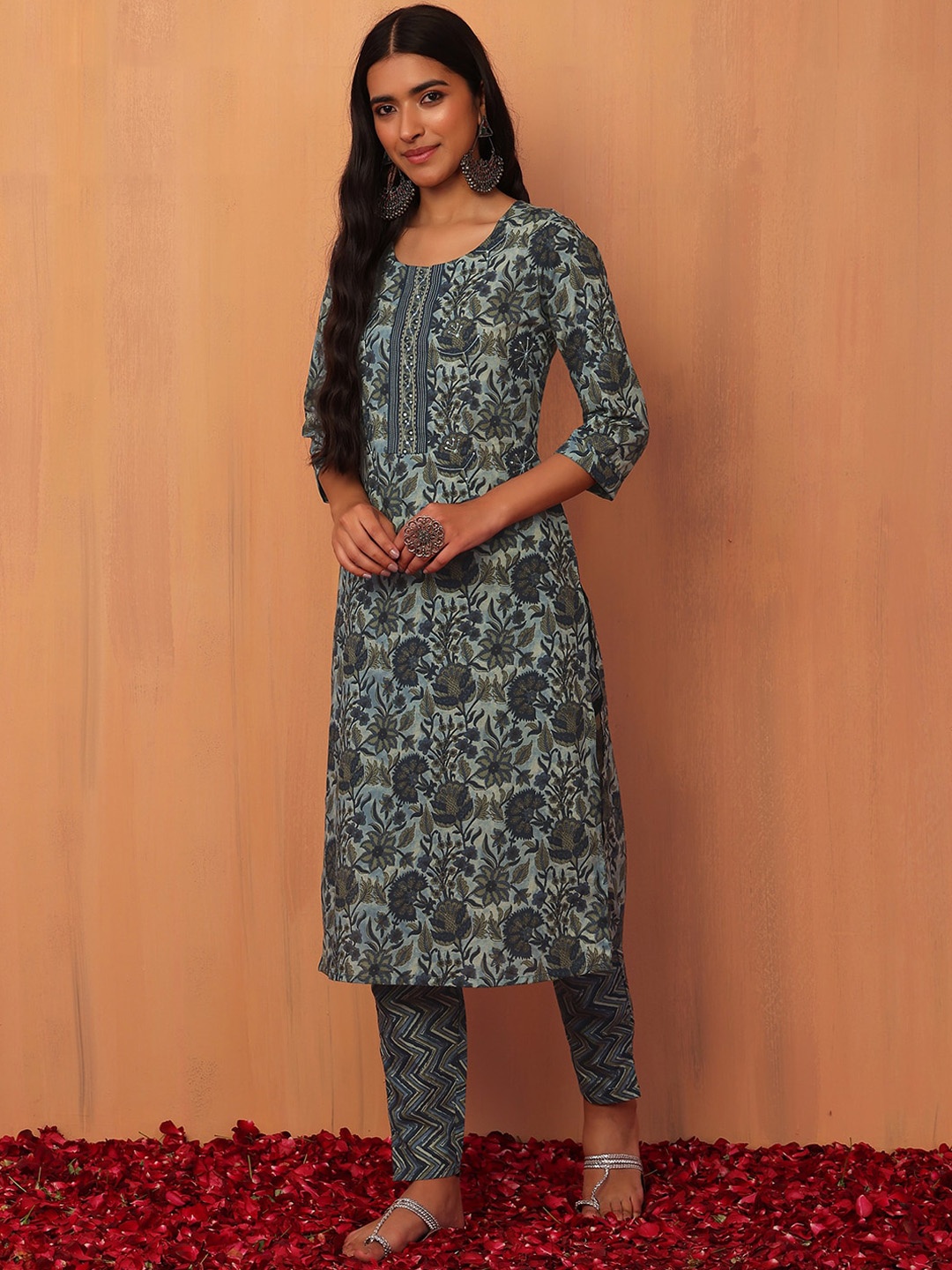 INDYA Women Floral Printed Pure Cotton Kurta & Trouser, Grey