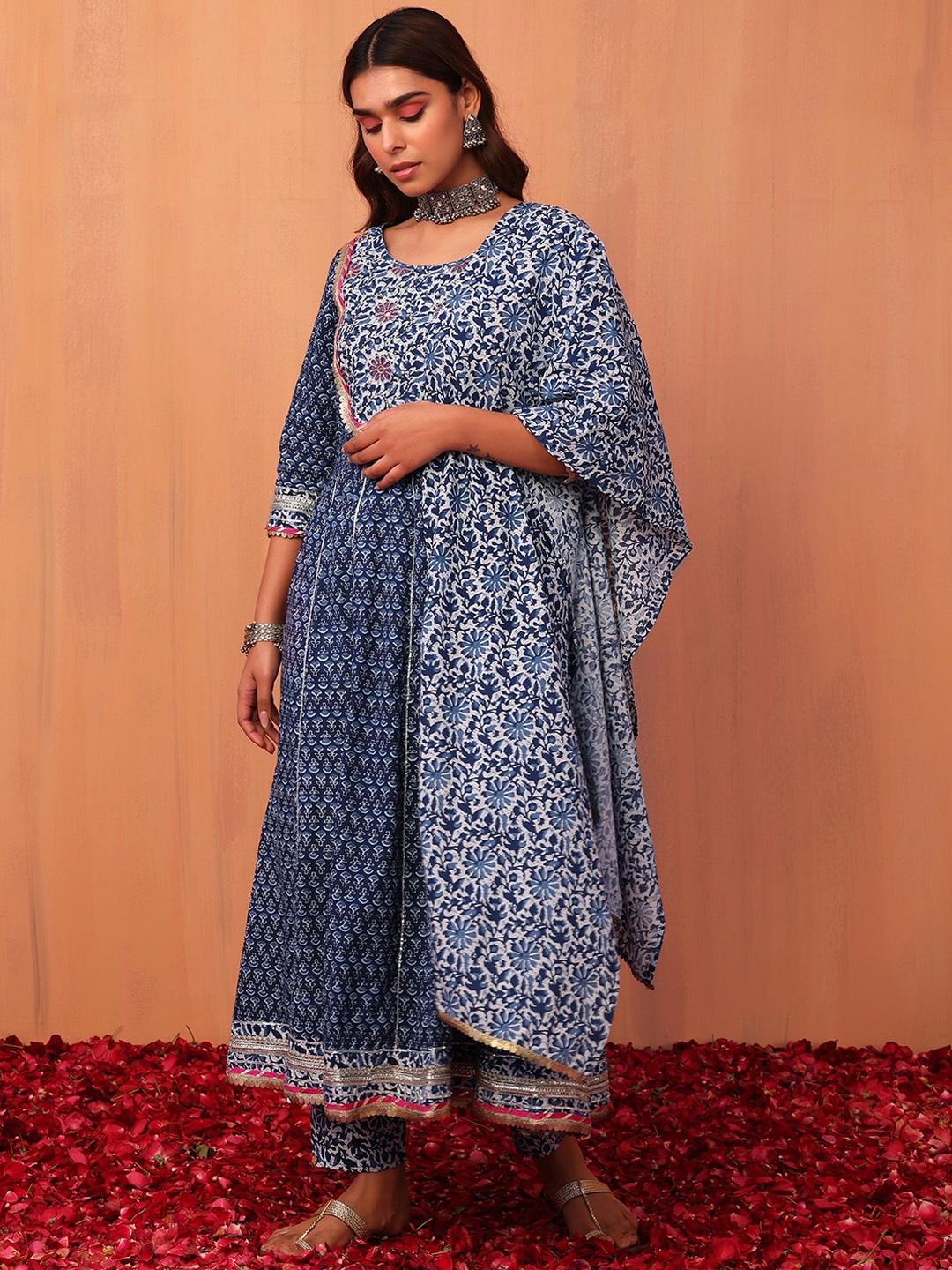 

INDYA Women Printed Pure Cotton Anarkali Kurta With Trouser & Dupatta, Navy blue