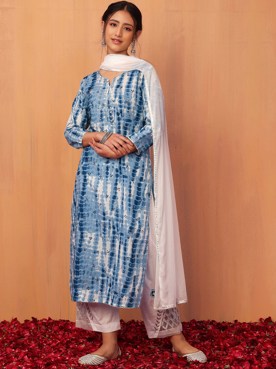 

INDYA Women Ethnic Motifs Dyed Pure Cotton Kurta with Trousers & With Dupatta, Blue