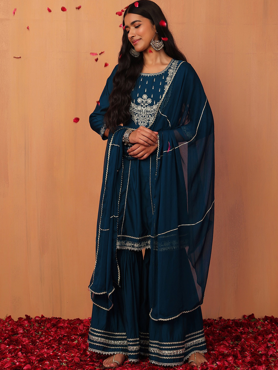 

INDYA Embellished Anarkali Kurta With Sharara & Dupatta, Blue