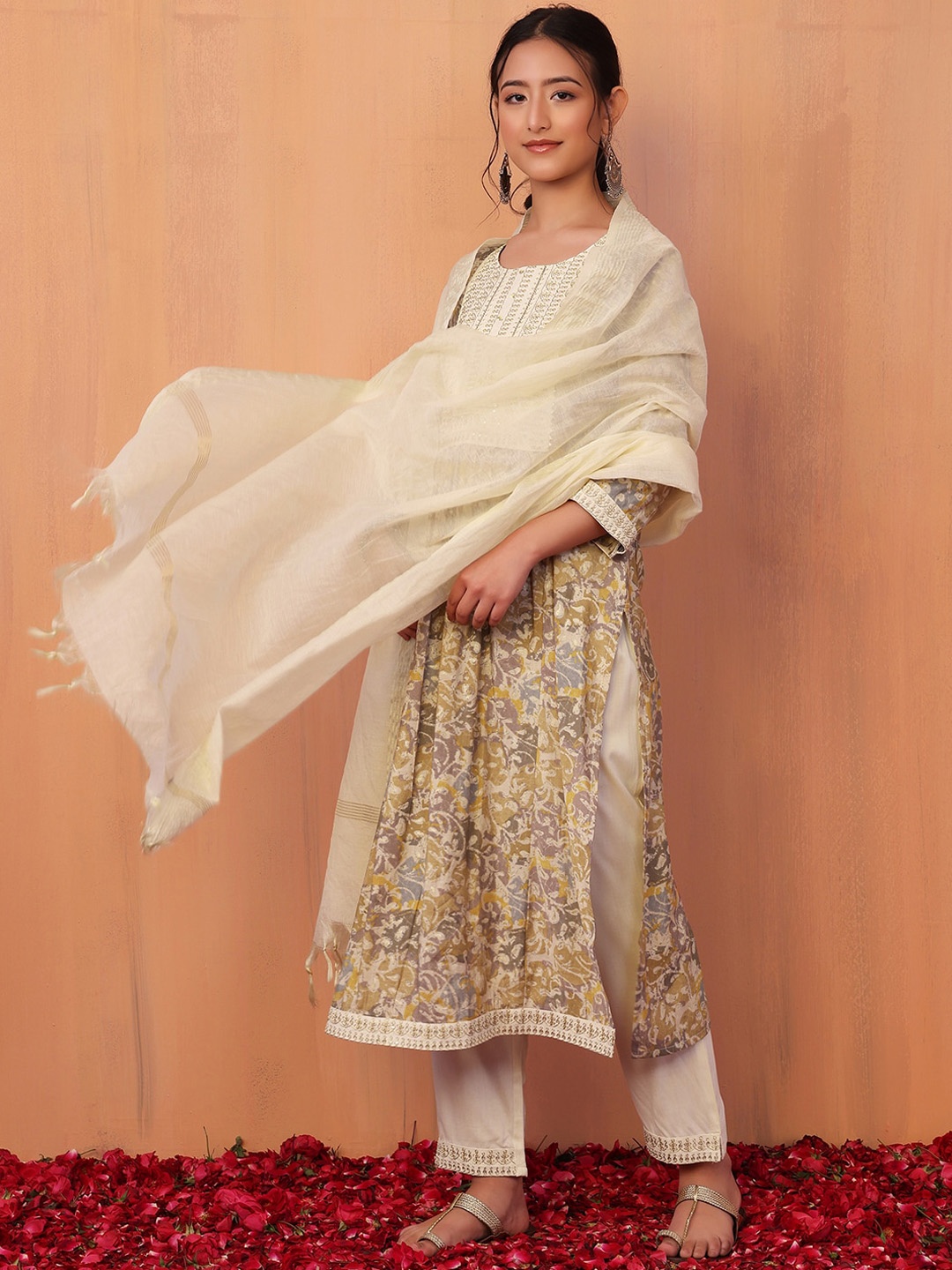 

INDYA Batik-Printed Anarkali Kurta With Trouser & Dupatta, Yellow