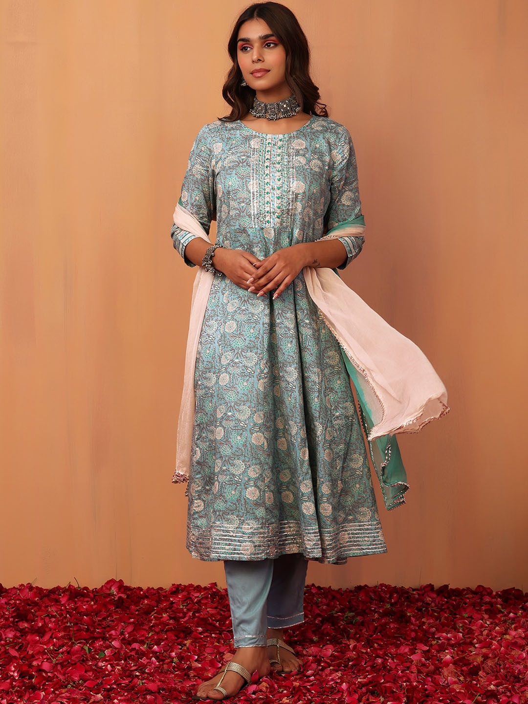 

INDYA Women Ethnic Motif Printed Anarkali Cotton Kurta With Trouser & Dupatta, Blue