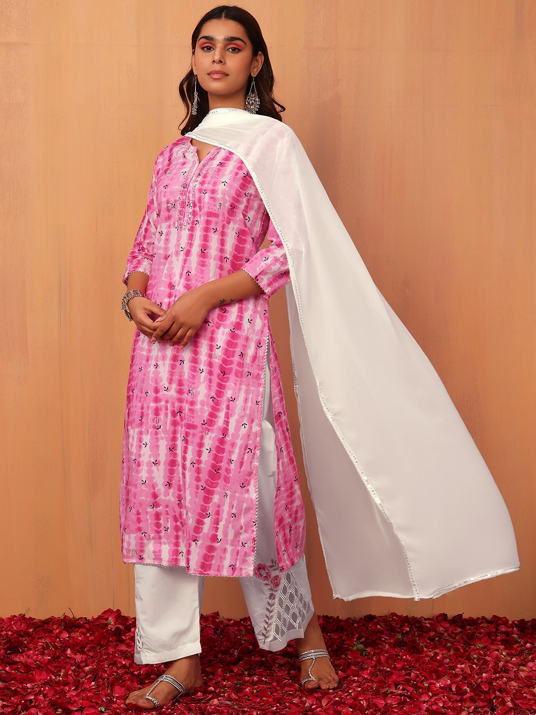 

INDYA Women Floral Printed Mirror Work Pure Cotton Kurta With Trousers & Dupatta, Pink