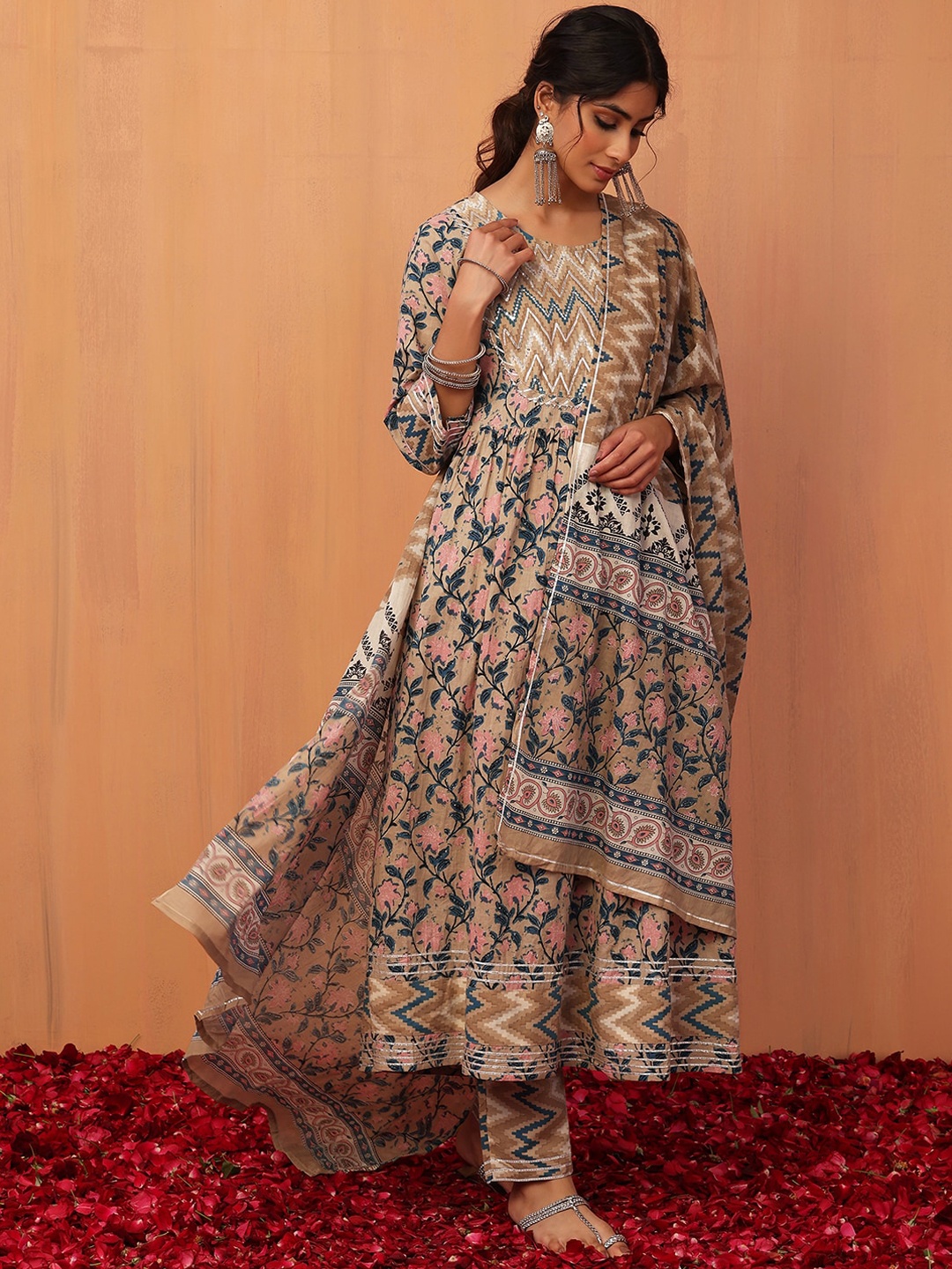 

INDYA Round Neck Floral Printed Pure Cotton Anarkali Kurta With Trouser & Dupatta, Beige