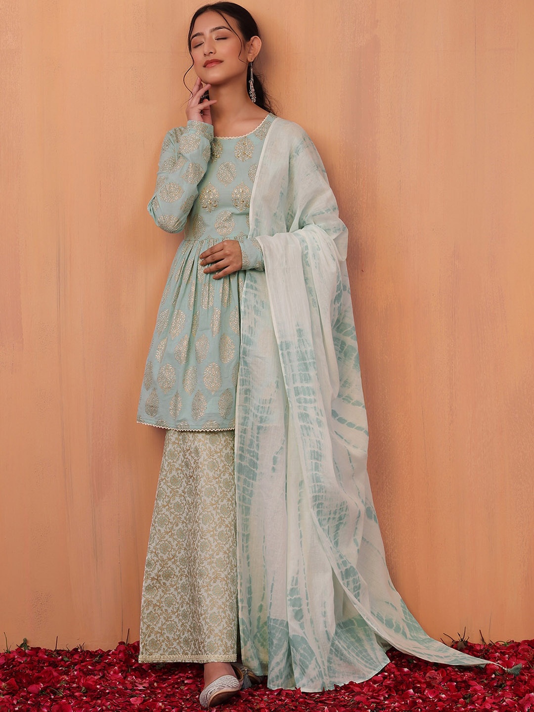 

INDYA Women Floral Printed Pleated Sequinned Pure Cotton Kurta with Sharara & Dupatta, Blue