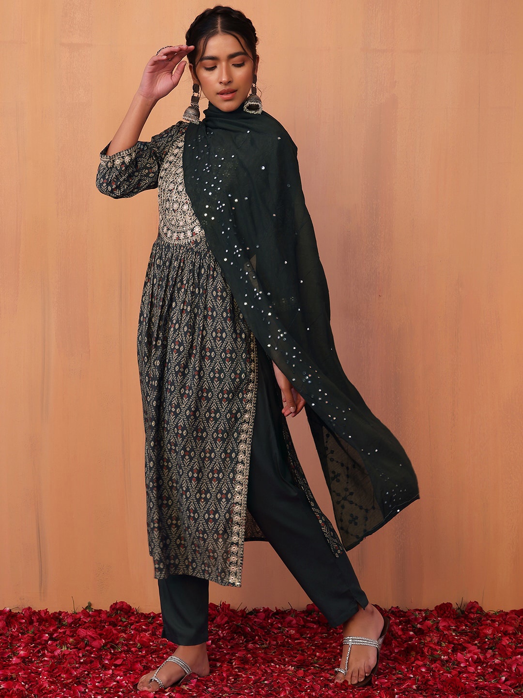 

INDYA Women Zari Embroidered A-Line Kurta With Trouser & Dupatta Set, Grey