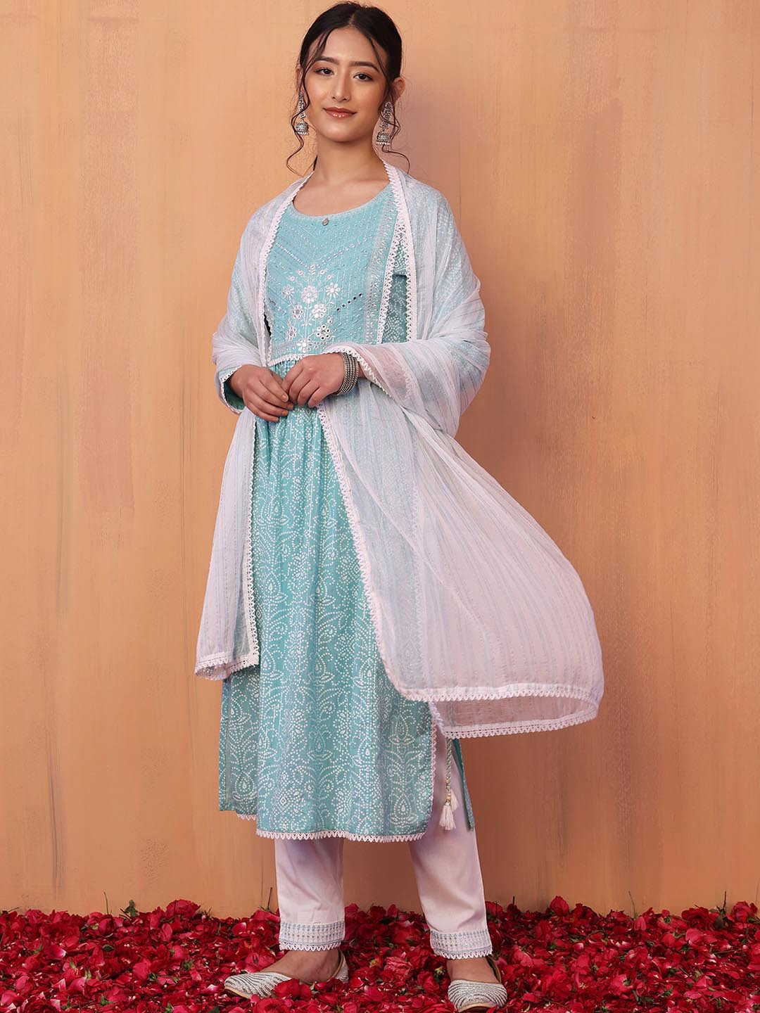 

INDYA Women Bandhani Printed A-Line Mirror Work Pure Cotton Kurta With Trouser & Dupatta, Blue