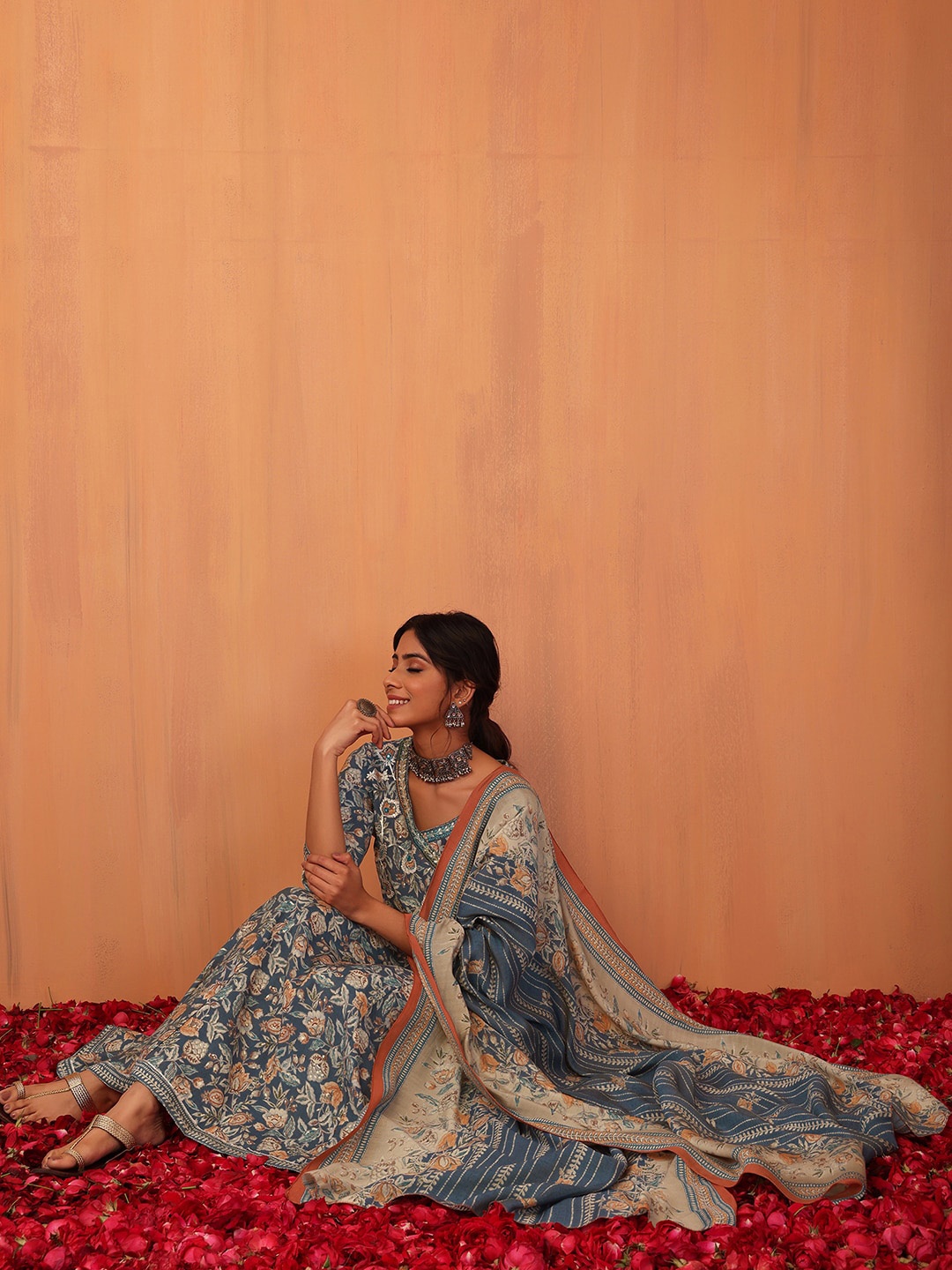 

INDYA Floral Printed & Embroidered Muslin Anarkali Kurta With Trouser & Dupatta Set, Blue