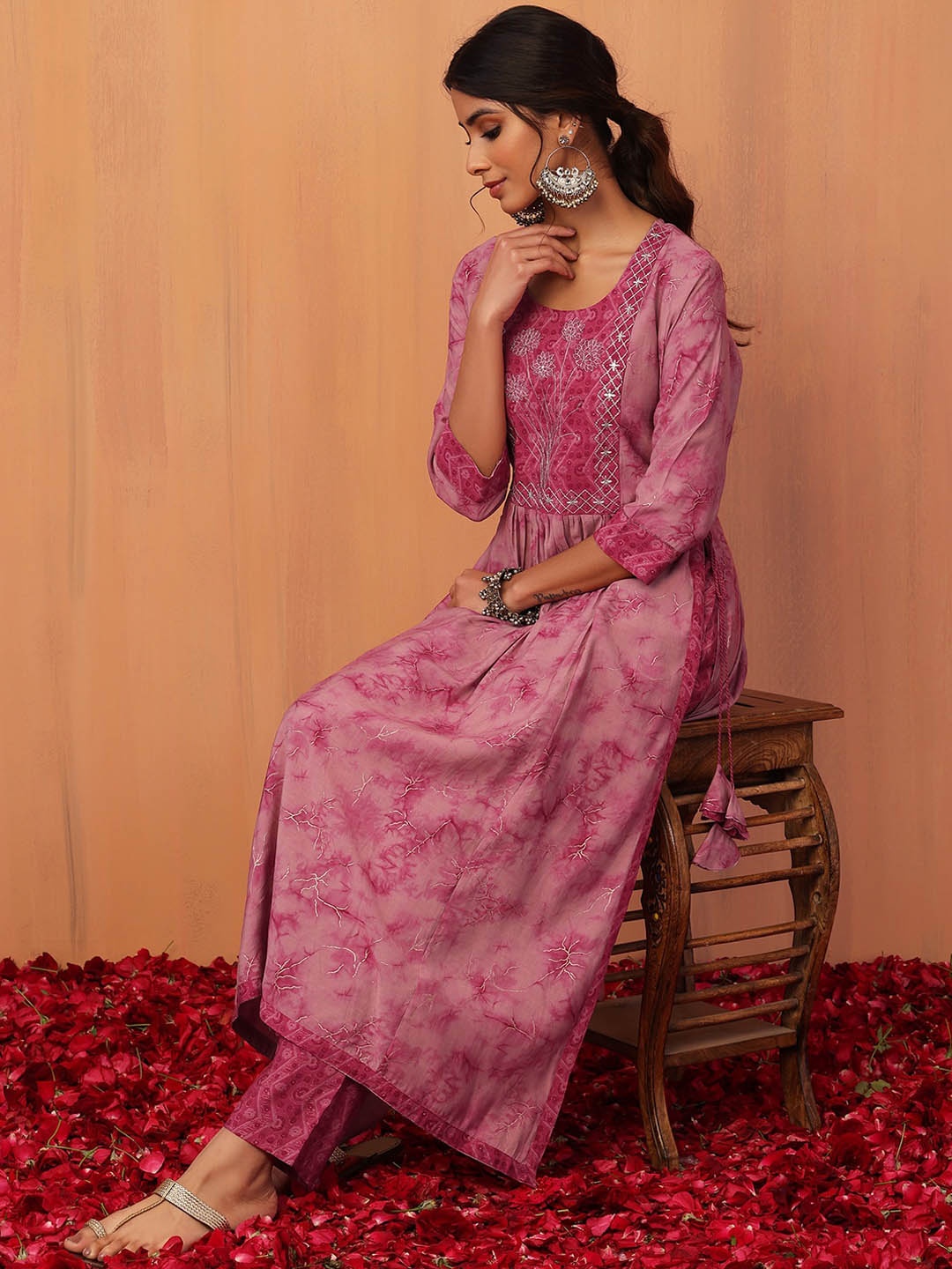 

INDYA Women Printed Round Neck Cotton A-Line Kurta With Trouser, Pink
