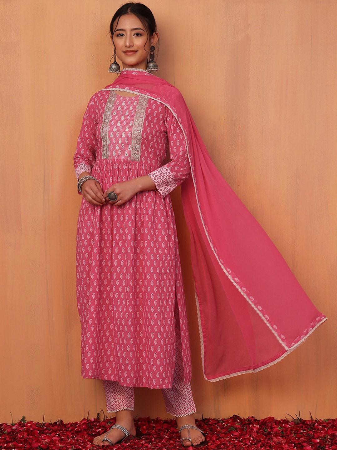 

INDYA Women Paisley Printed & Embroidered Pure Cotton A-Line Kurta & Trouser With Dupatta, Pink