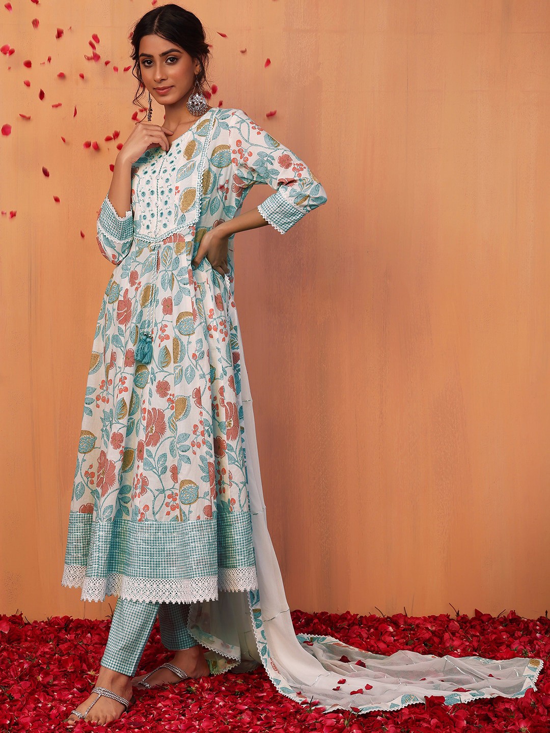 

INDYA Women Floral Printed Notch Neck Anarkali Pure Cotton Kurta With Trouser & Dupatta, Off white