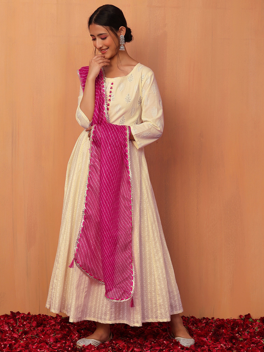 

INDYA Women Ethnic Motifs Printed Pure Cotton Anarkali Kurta With Trouser & Dupatta, Cream
