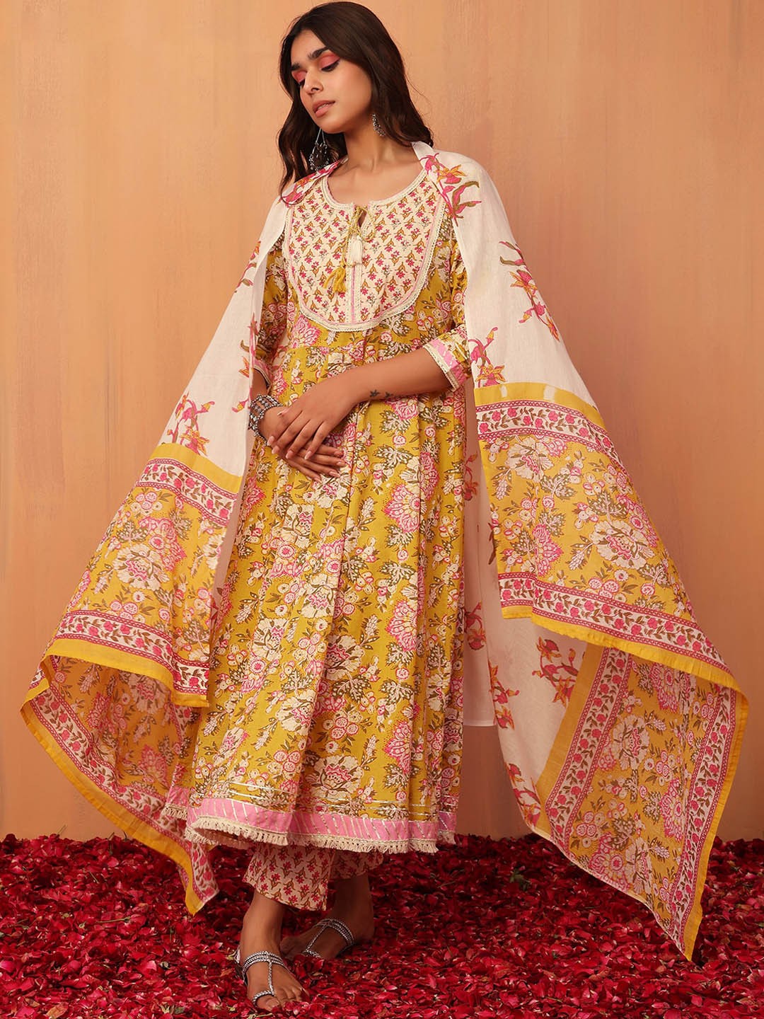

INDYA Floral Printed Pure-Cotton Anarkali Kurta With Trouser & Dupatta, Mustard