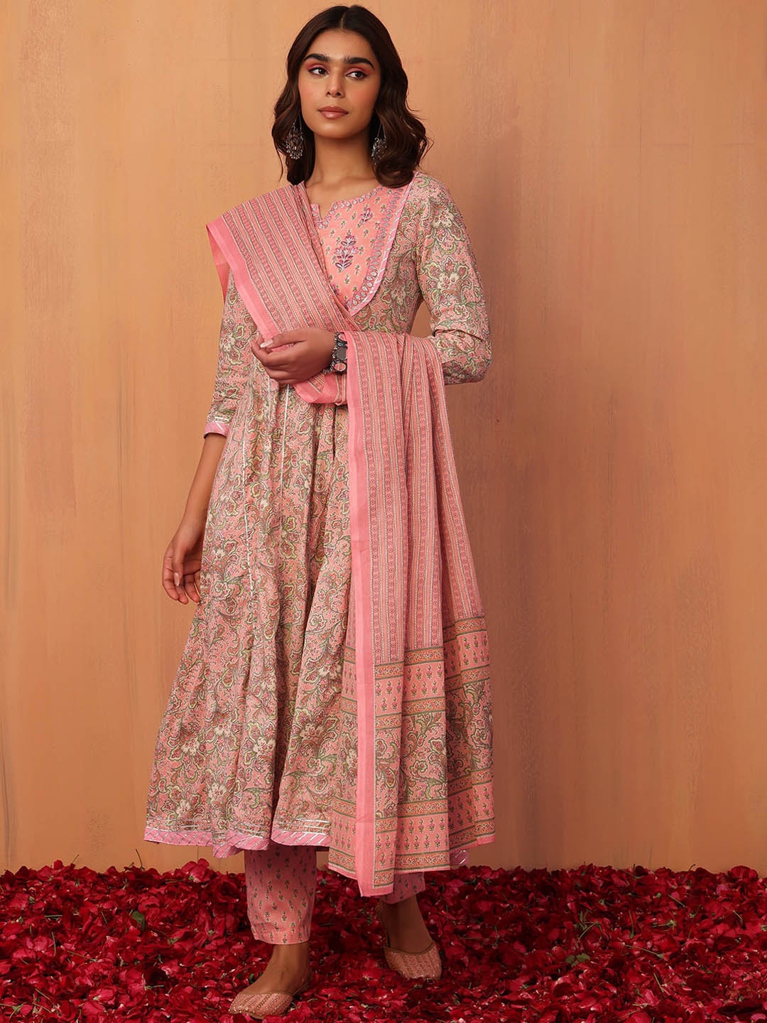 

INDYA Women Floral Jaal Printed Cotton Anarkali Kurta With Trouser & Dupatta Set, Pink