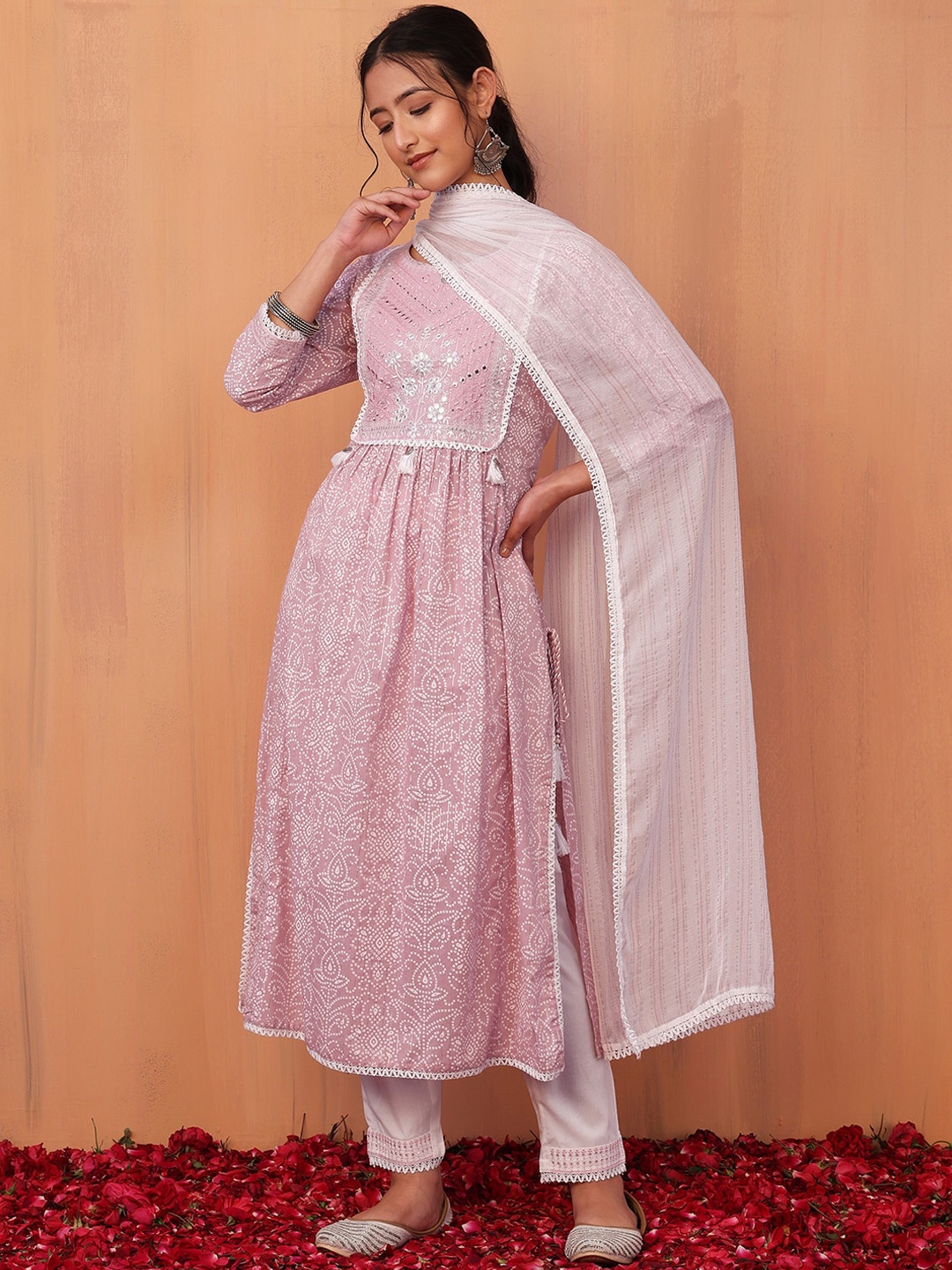 

INDYA Women Bandhani Printed Pleated Mirror Work Pure Cotton Kurta with Trousers & Dupatta, Pink