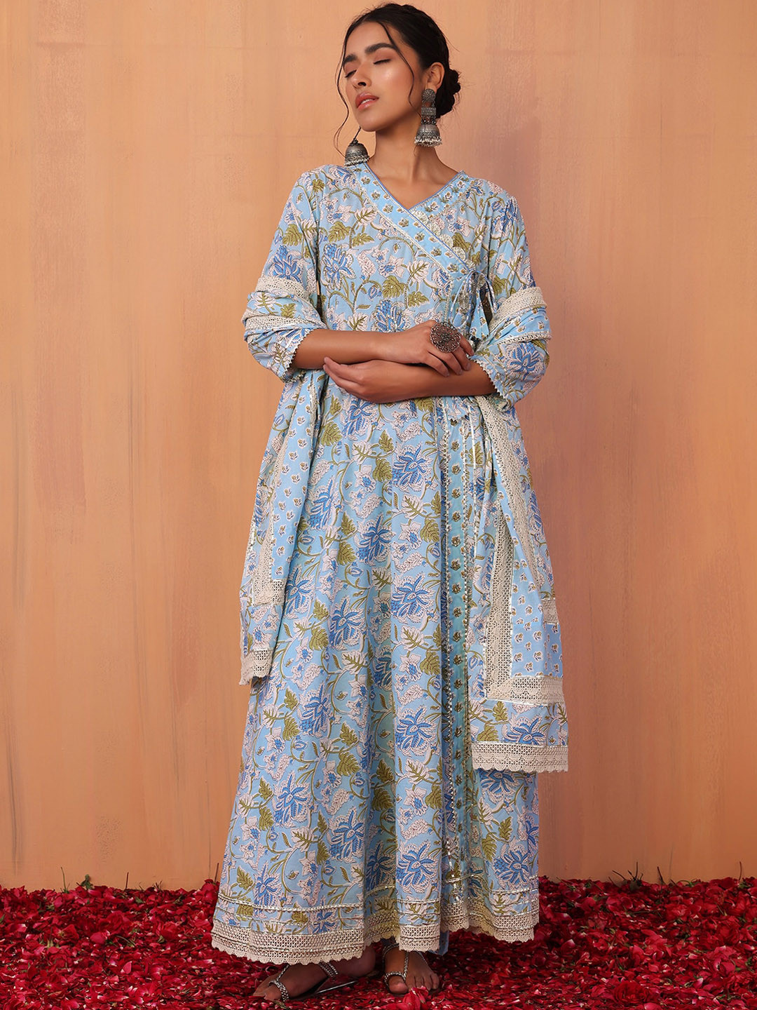 

INDYA Women Printed & Embroidered Pure Cotton Anarkali Kurta & Trouser With Dupatta, Blue