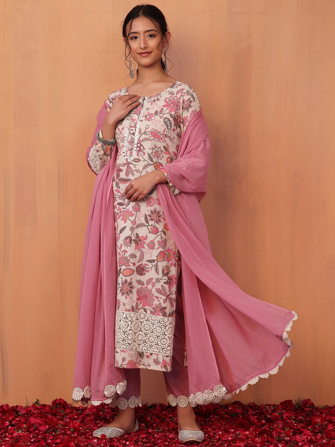 

INDYA Women Floral Printed With Mirror Work Pure Cotton Kurta & Trouser With Dupatta, Pink