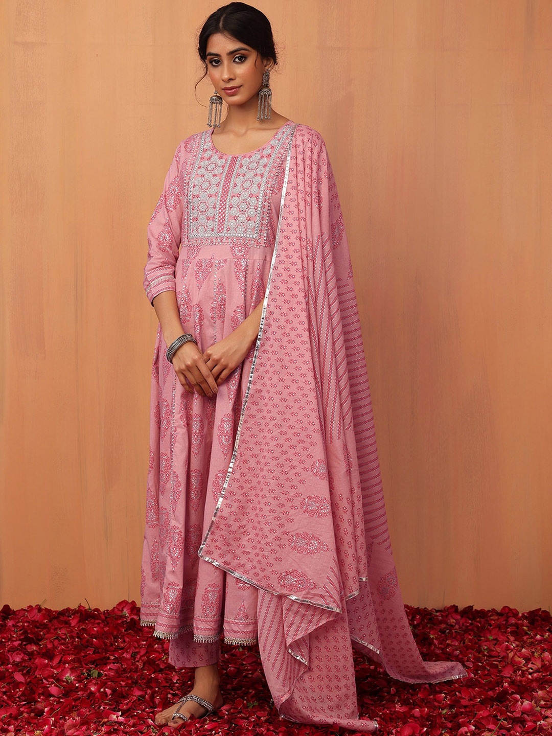 

INDYA Ethnic Motifs Printed Mirror Work Pure Cotton Anarkali Kurta With Trouser & Dupatta, Pink