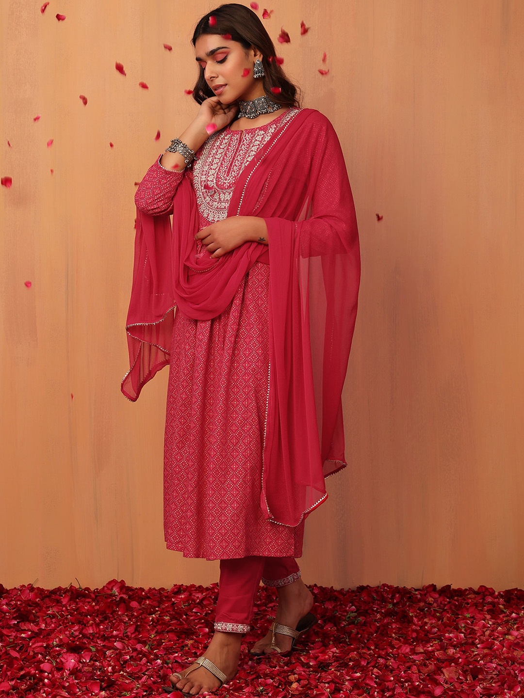 

INDYA Foil Printed & Embroidered A-Line Kurta With Trouser & Dupatta Set, Pink